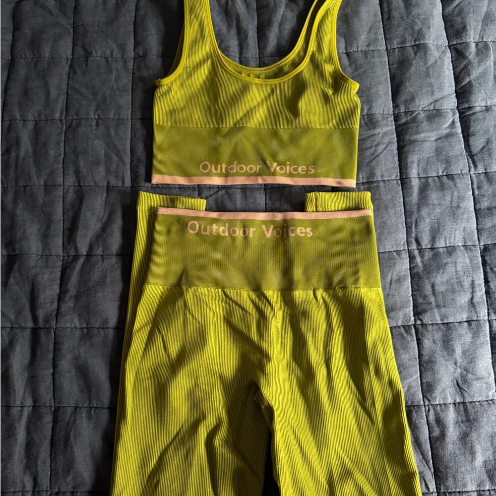 Outdoor Voices Green & Pink Ribbed Sports Bra & High-Waist Leggings Set